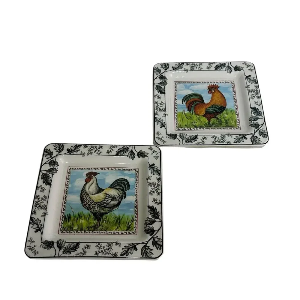 I Galletti 2 Square Ceramic Rooster Bread Plates Trinket Dishes Italy Farmhouse